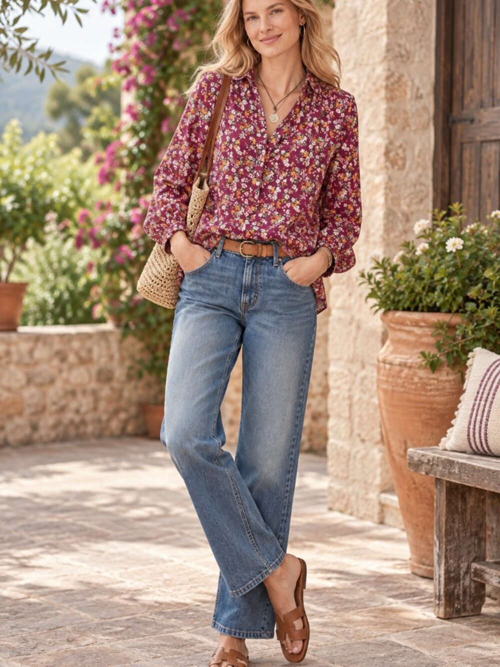 Sundance Floral Henley Poppy Bloom Purple Button-Down Shirt Sz LP